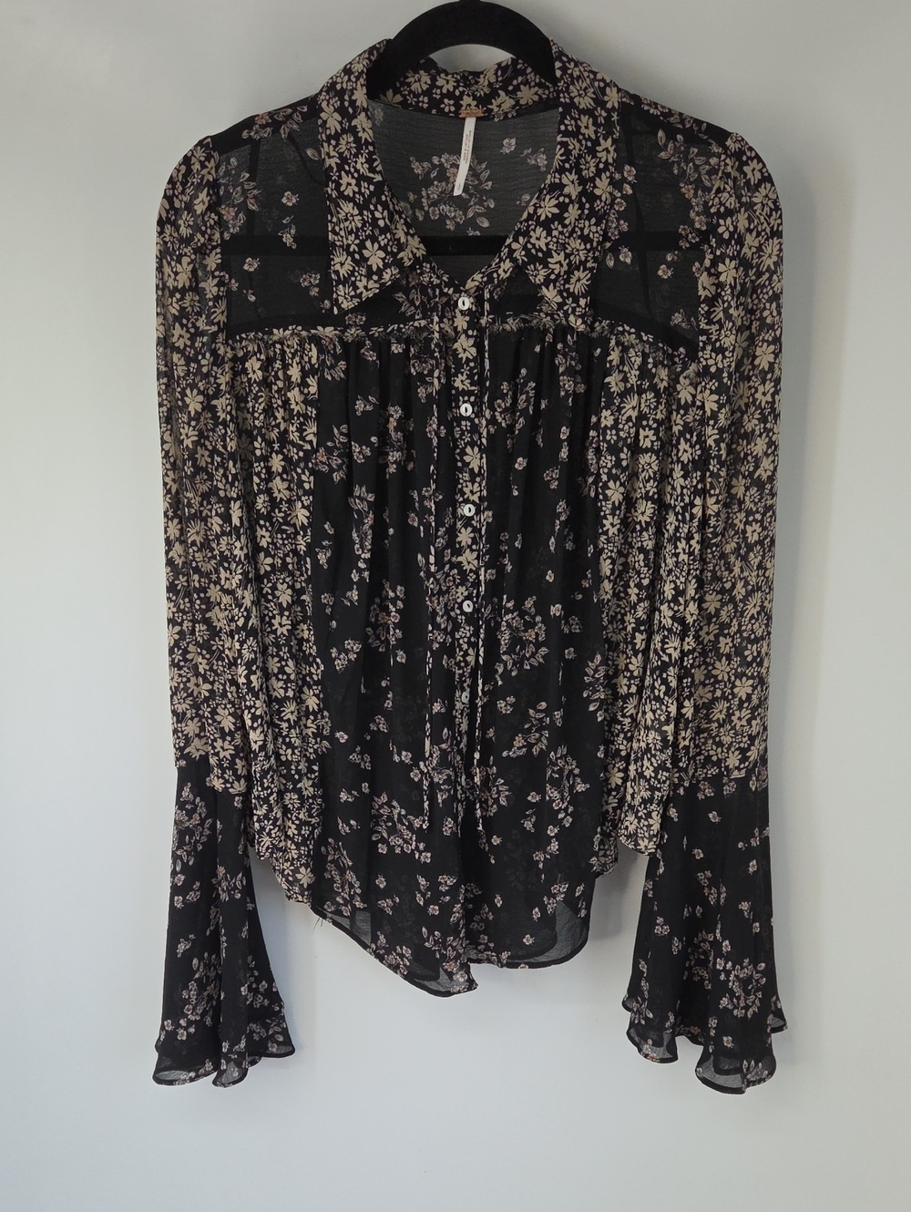 Free People Black Sheer Floral Bell Sleeved Button-Up Blouse Sz: L Cottagecore